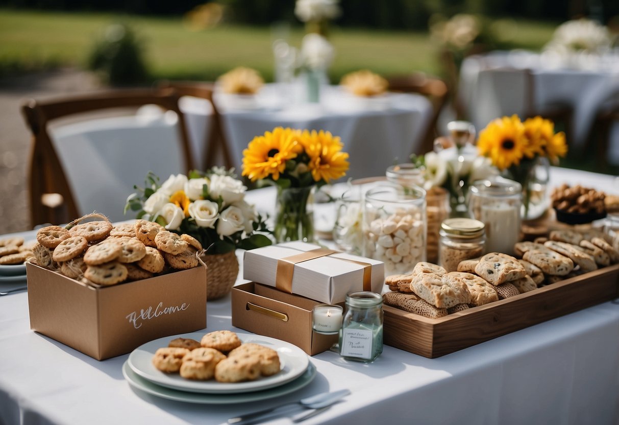 A table adorned with personalized welcome bags filled with local treats, maps, and small gifts for wedding guests