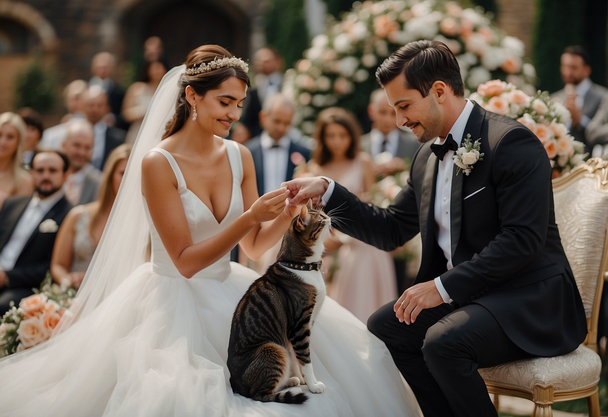 A dog in a tuxedo and a cat in a wedding dress exchanging vows at a mini altar made of flowers, with guests including other pets in formal attire