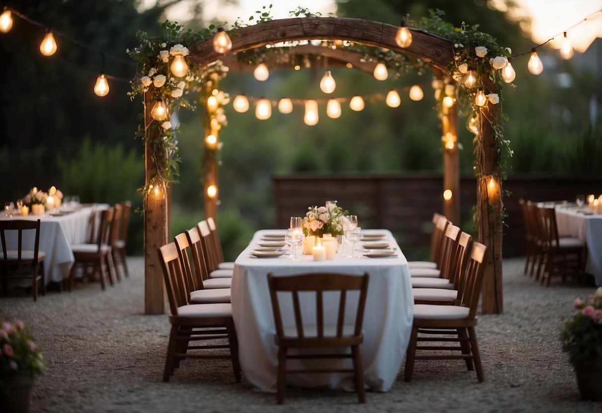 A cozy outdoor garden setting with string lights, rustic wooden chairs, and a simple arch adorned with fresh flowers. Tables adorned with delicate centerpieces and soft candlelight