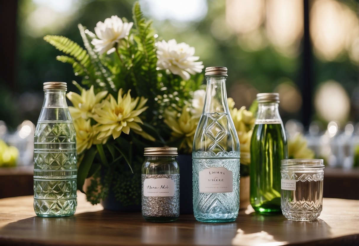 A table with a variety of personalized water bottles arranged in a wedding welcome bag, surrounded by decorative items and greenery