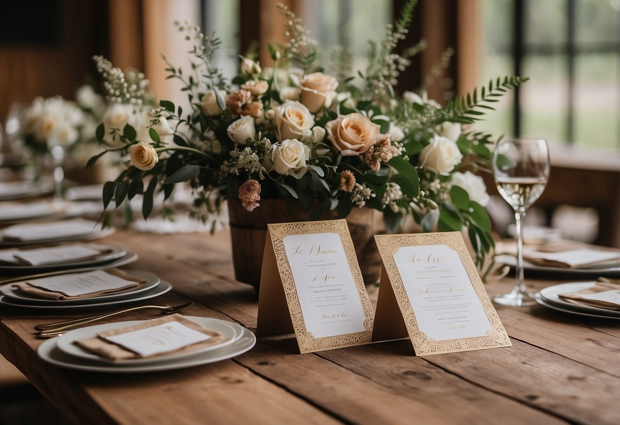 Handwritten invitations displayed on a rustic wooden table, surrounded by delicate floral arrangements and vintage-inspired decor for an intimate wedding of 50 guests