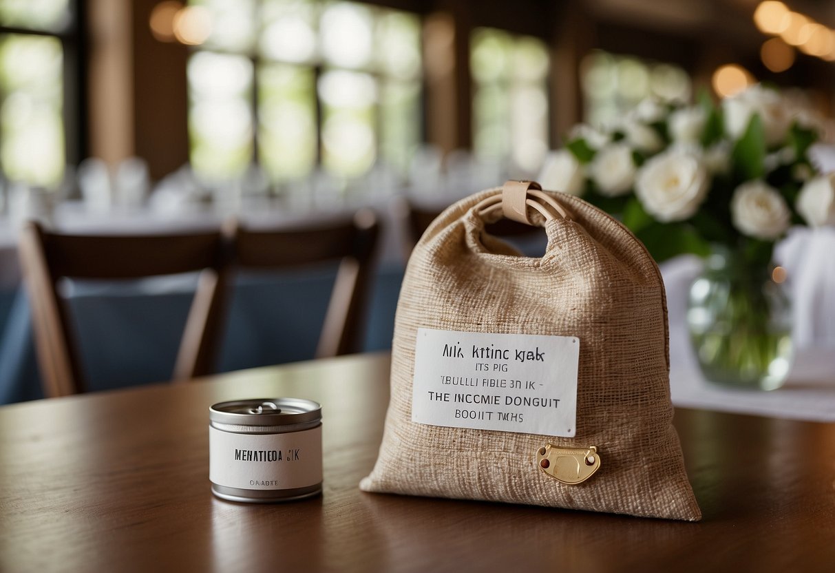 A small bag with "Mini Emergency Kit" label, containing items like bandaids, mints, and sewing kit, sits on a table next to a welcome sign at a wedding venue