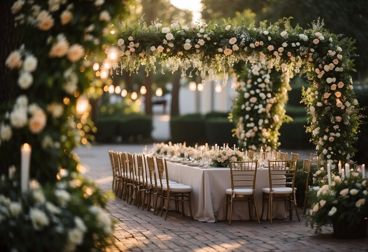 A small outdoor wedding with 50 guests, featuring personalized vows exchanged under a floral archway. Tables are adorned with delicate centerpieces and twinkling lights