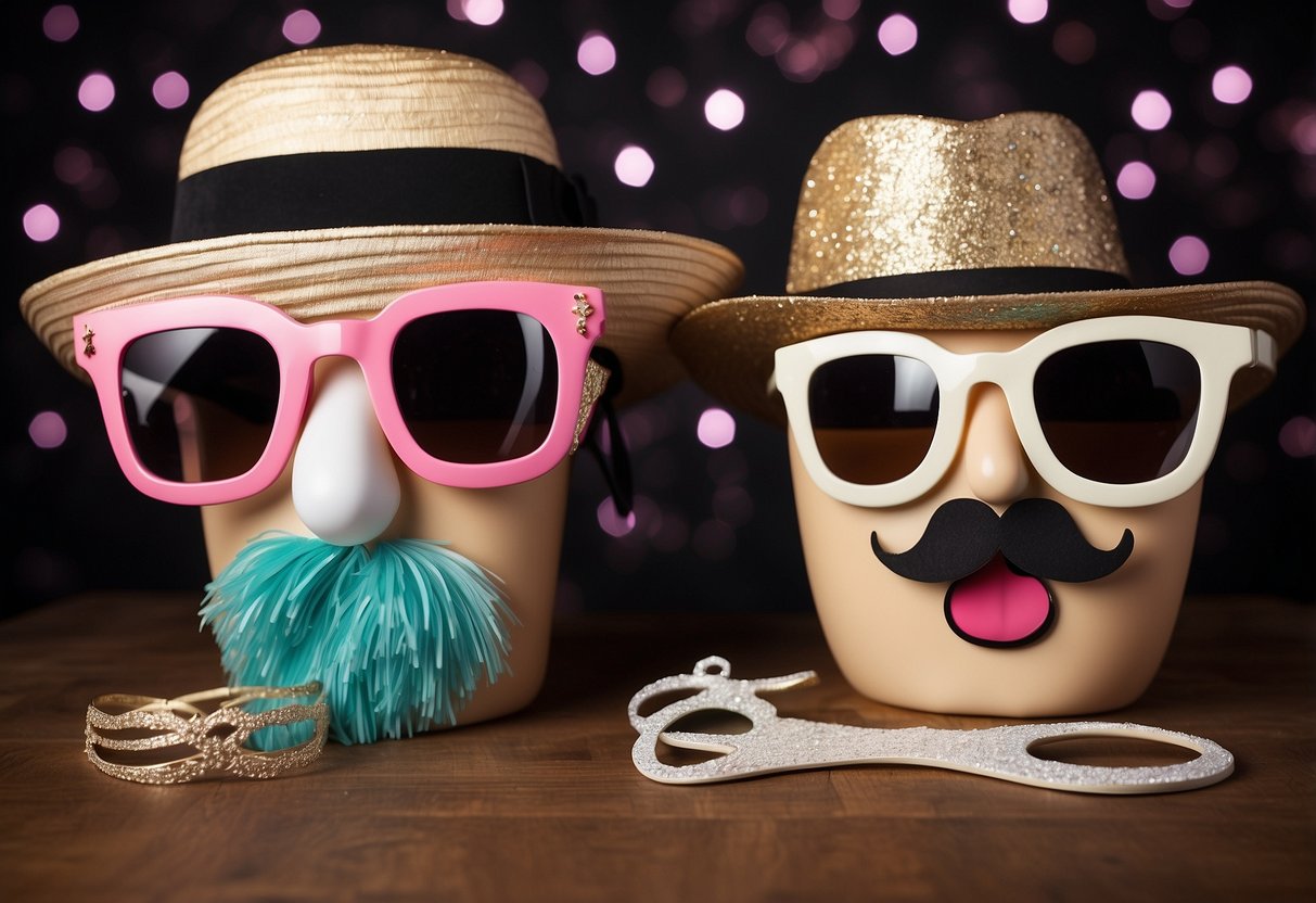 A DIY photo booth with wacky props set up for a wedding. Props include oversized glasses, funny hats, and silly signs