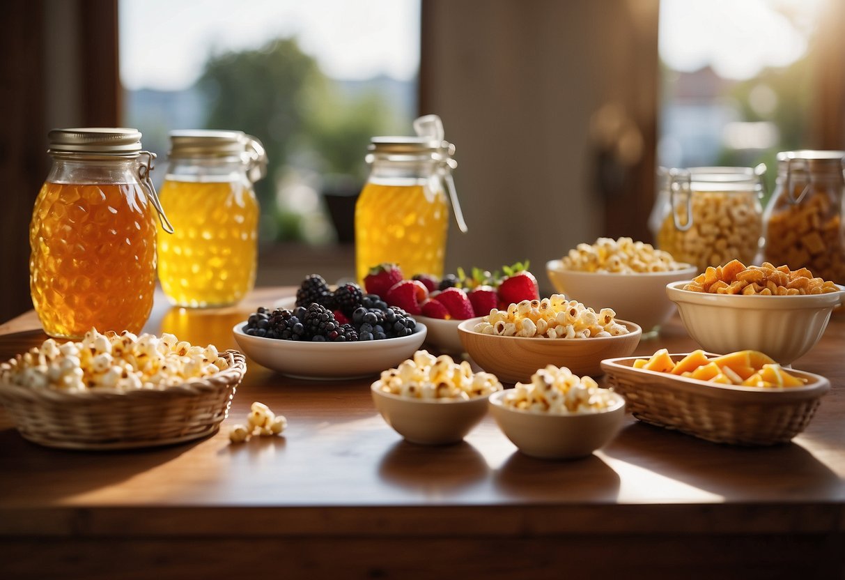 A table adorned with local snacks: mini bags of kettle corn, jars of honey, and baskets of fresh fruit. A welcome bag sits open, ready to be filled