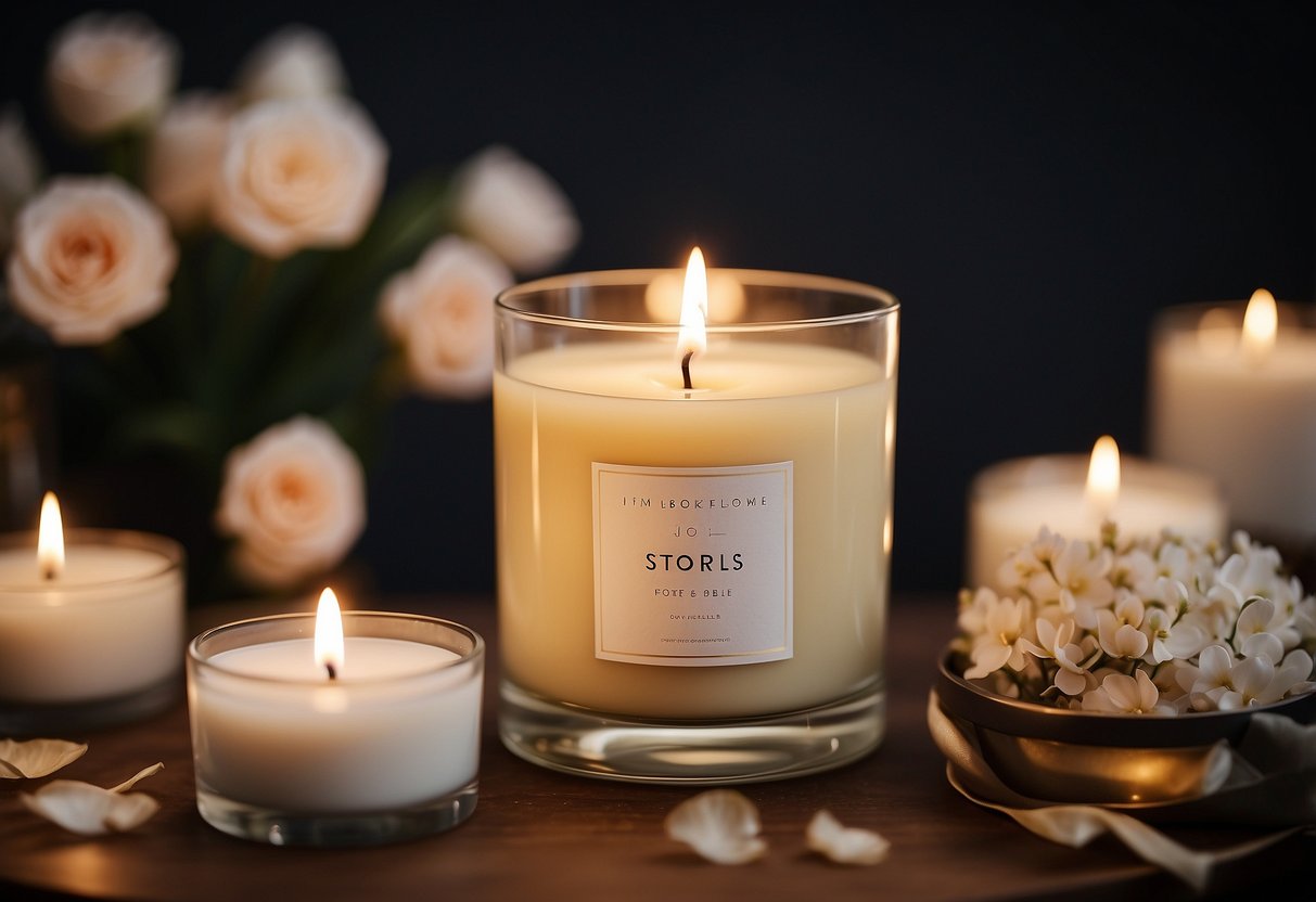 A scented candle sits in a welcome bag, surrounded by delicate petals and a personalized note. The soft glow illuminates the elegant packaging, creating a warm and inviting atmosphere