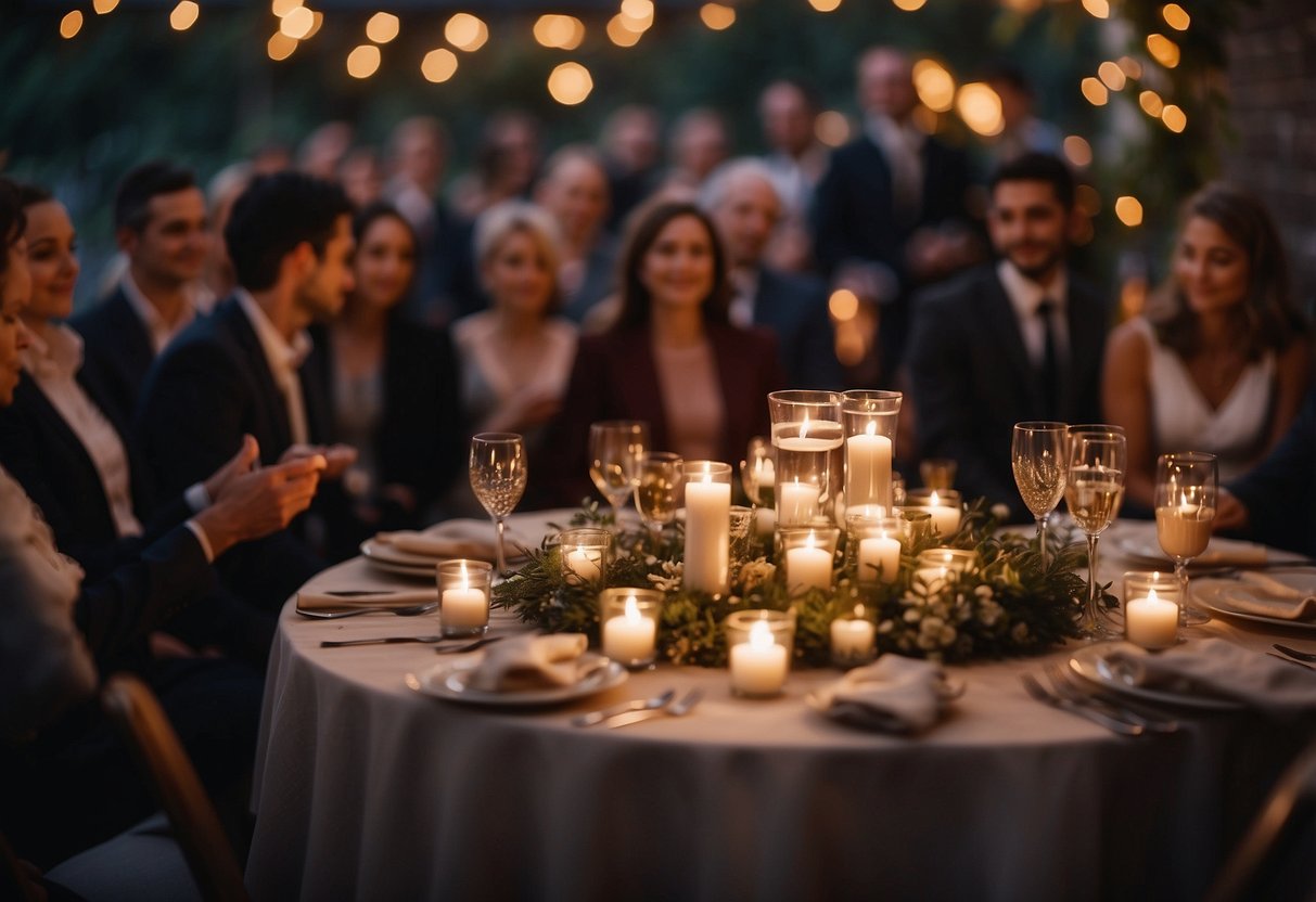 A cozy, intimate ceremony with soft candlelight illuminating a small gathering of 50 guests