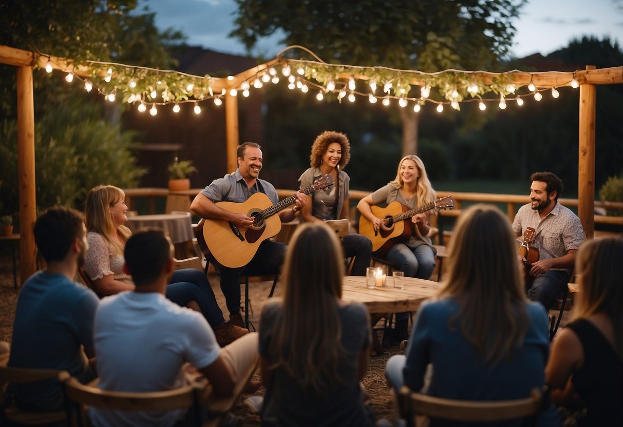 A cozy outdoor setting with a wooden stage, string lights, and a small group of guests gathered around tables. A musician with a guitar serenades the intimate crowd