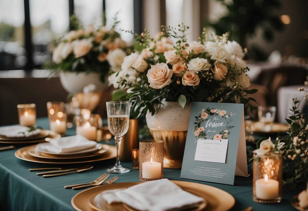 A table adorned with custom face masks in a wedding welcome bag, surrounded by floral arrangements and elegant signage