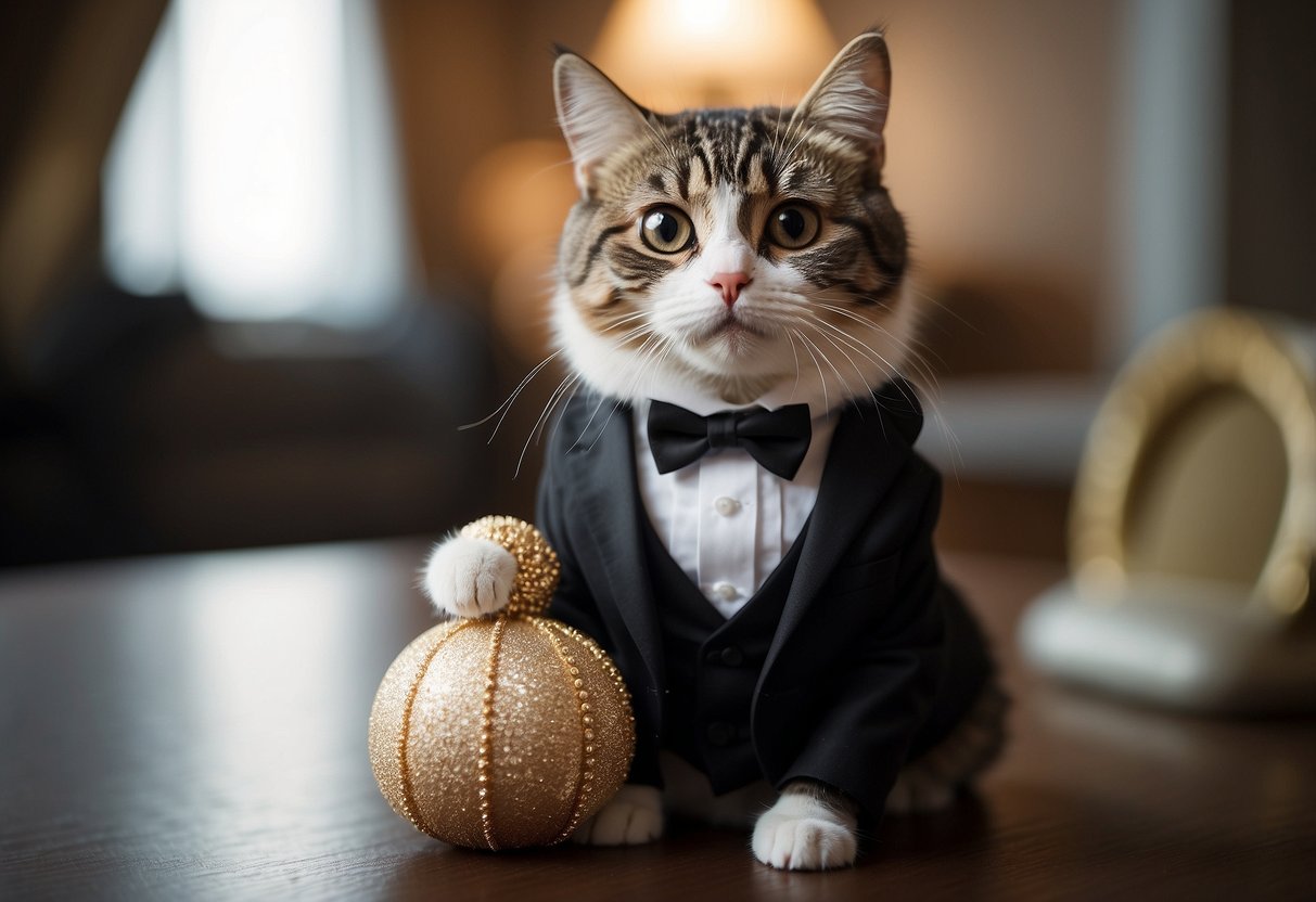 A small pet wearing a tuxedo, holding a ring pillow with a comical expression