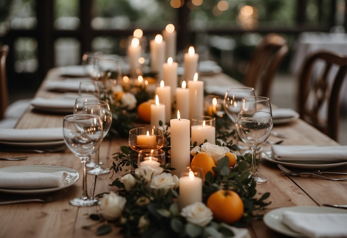 A long wooden table set with white linens, candles, and flowers. Guests gather around, passing platters of food and sharing laughter