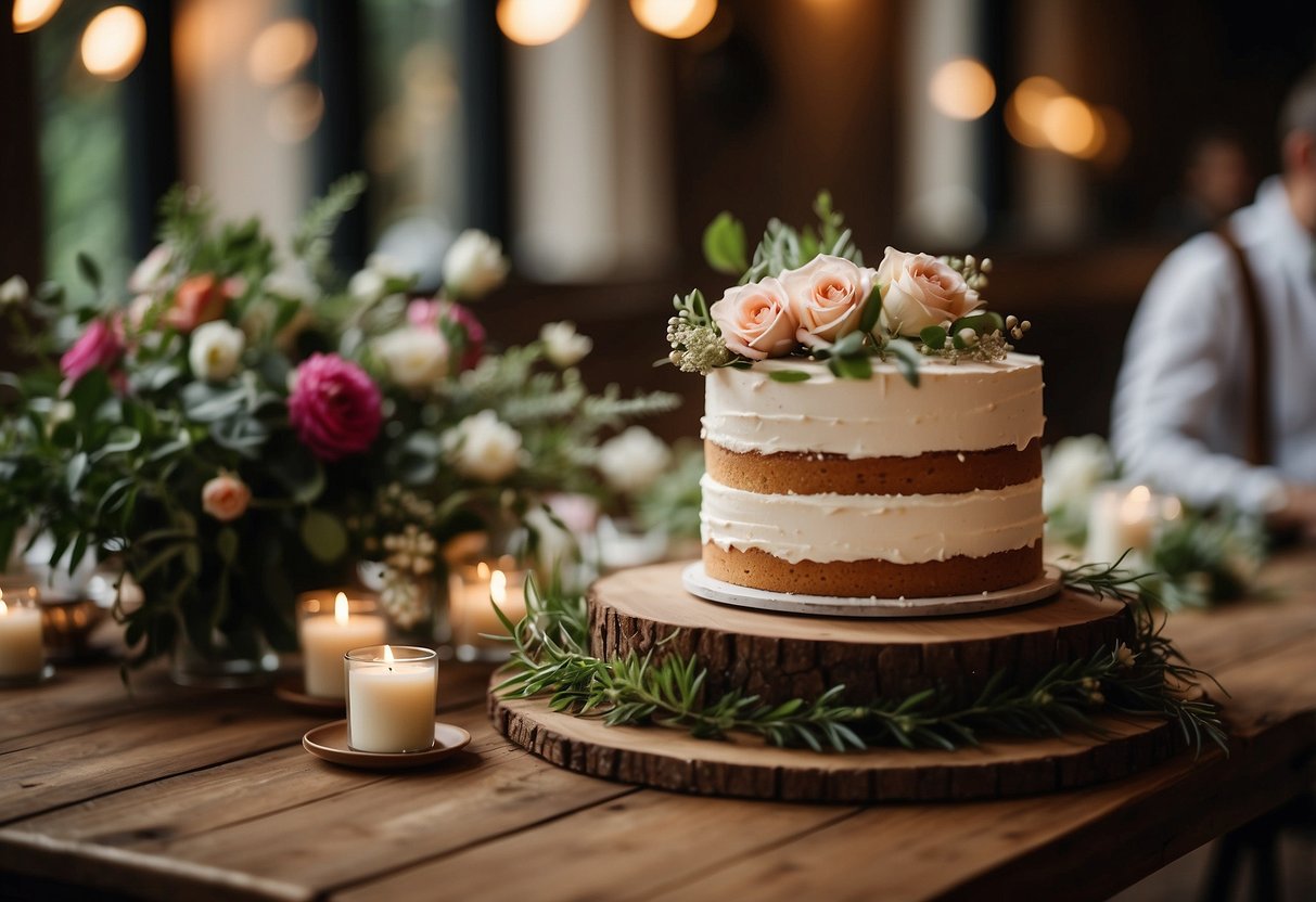 A small, rustic wedding cake sits on a wooden table, adorned with fresh flowers and greenery. The intimate setting is filled with 50 guests enjoying the homemade dessert