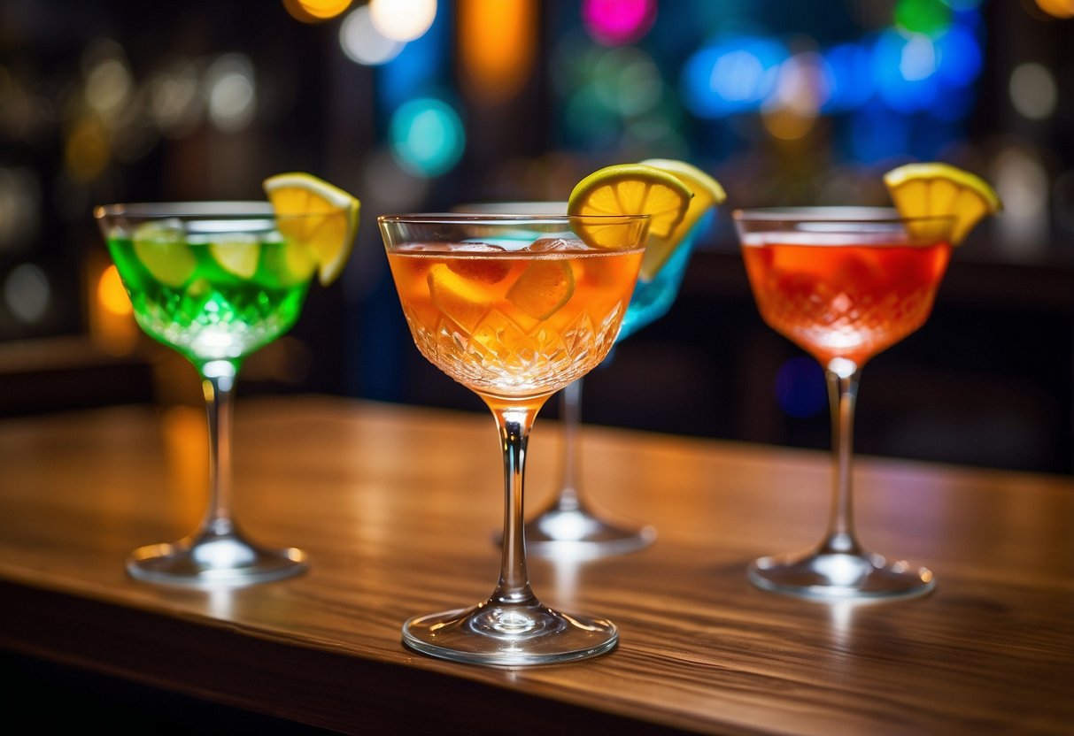 Colorful cocktail glasses with funny names on personalized labels at a wedding bar