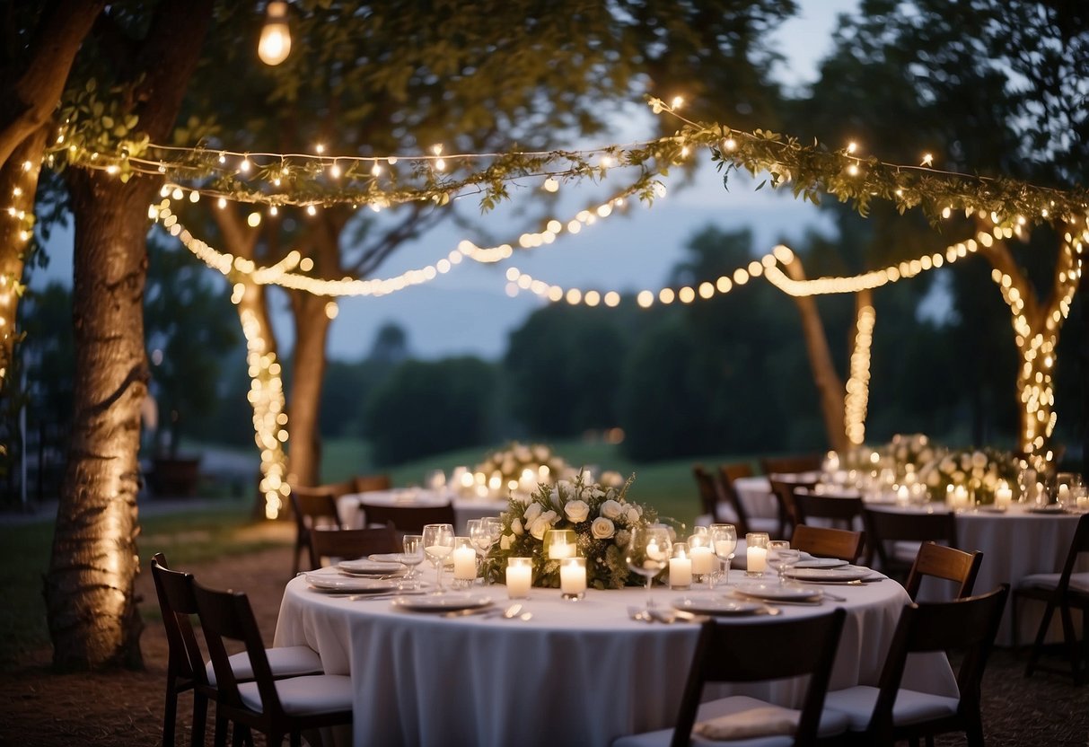 A cozy outdoor setting with fairy lights strung across trees, small tables for 50 guests, and a charming wedding arch