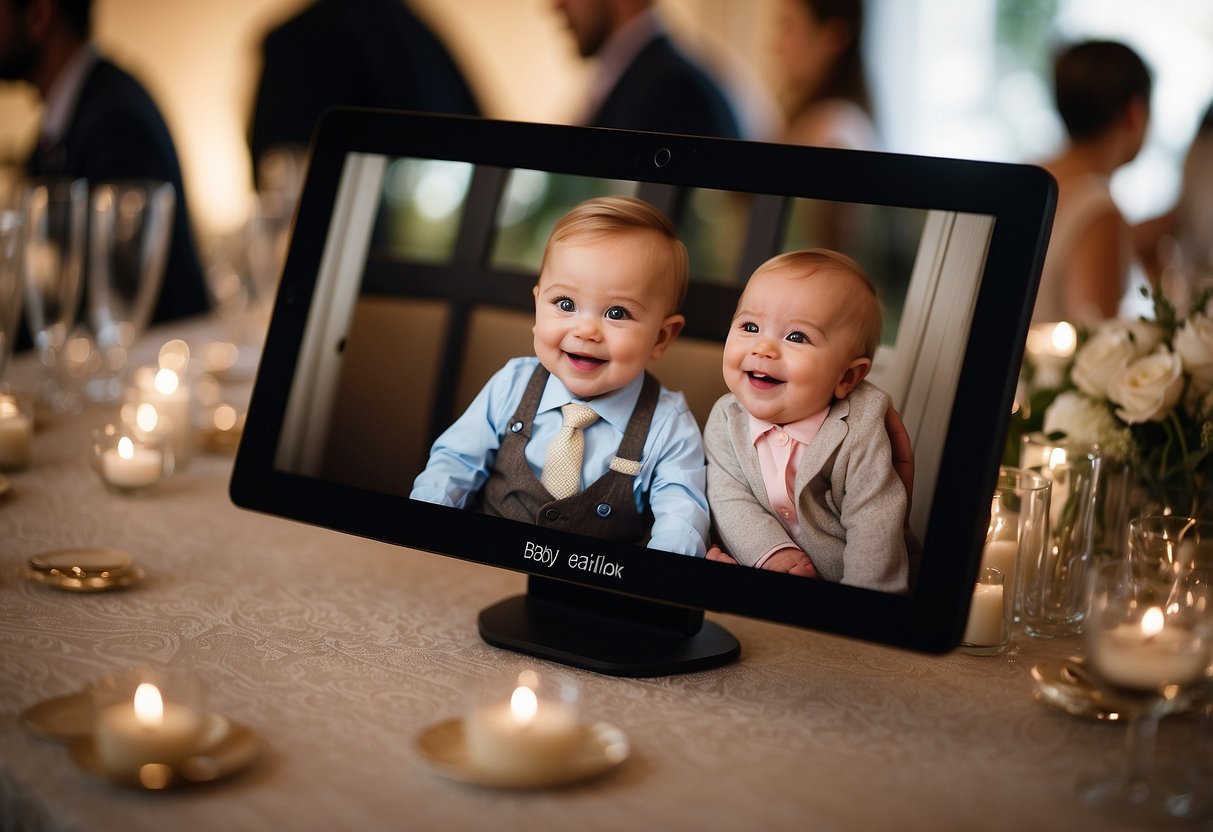 A slideshow screen shows baby pictures with humorous captions. Laughter and smiles fill the room at a wedding reception