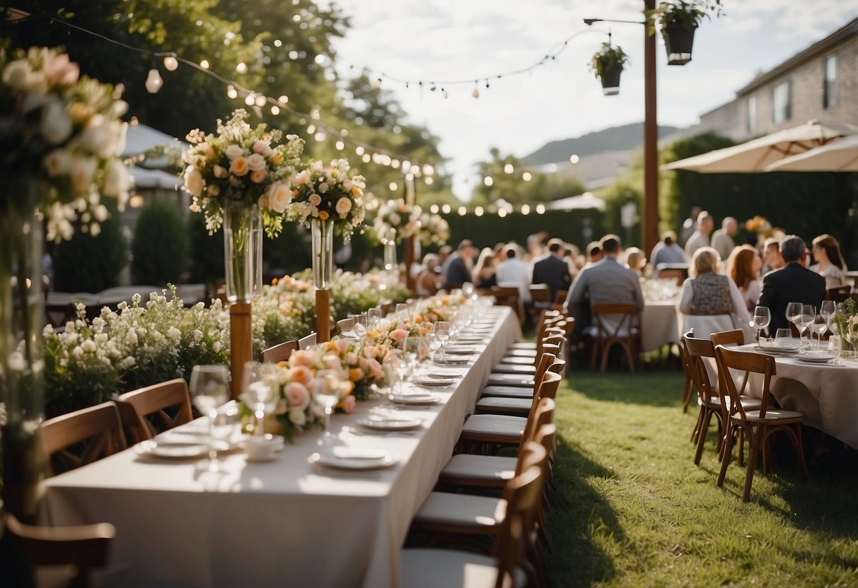 A cozy outdoor garden with bistro tables, string lights, and floral centerpieces. A small band plays soft music as guests mingle and enjoy a buffet of brunch delights