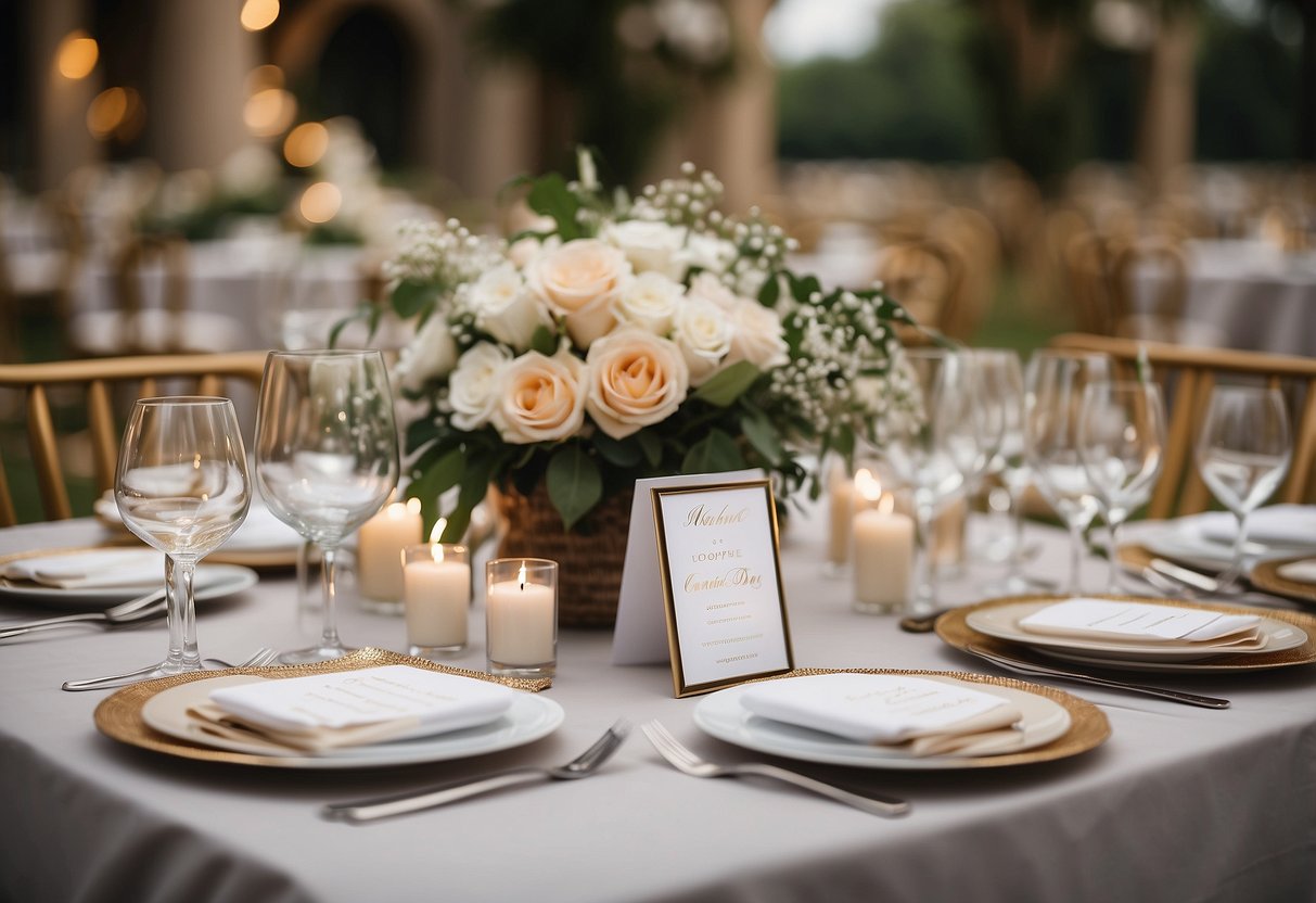 A table adorned with personalized welcome bags filled with goodies and a note from the couple, set against a backdrop of elegant wedding decor