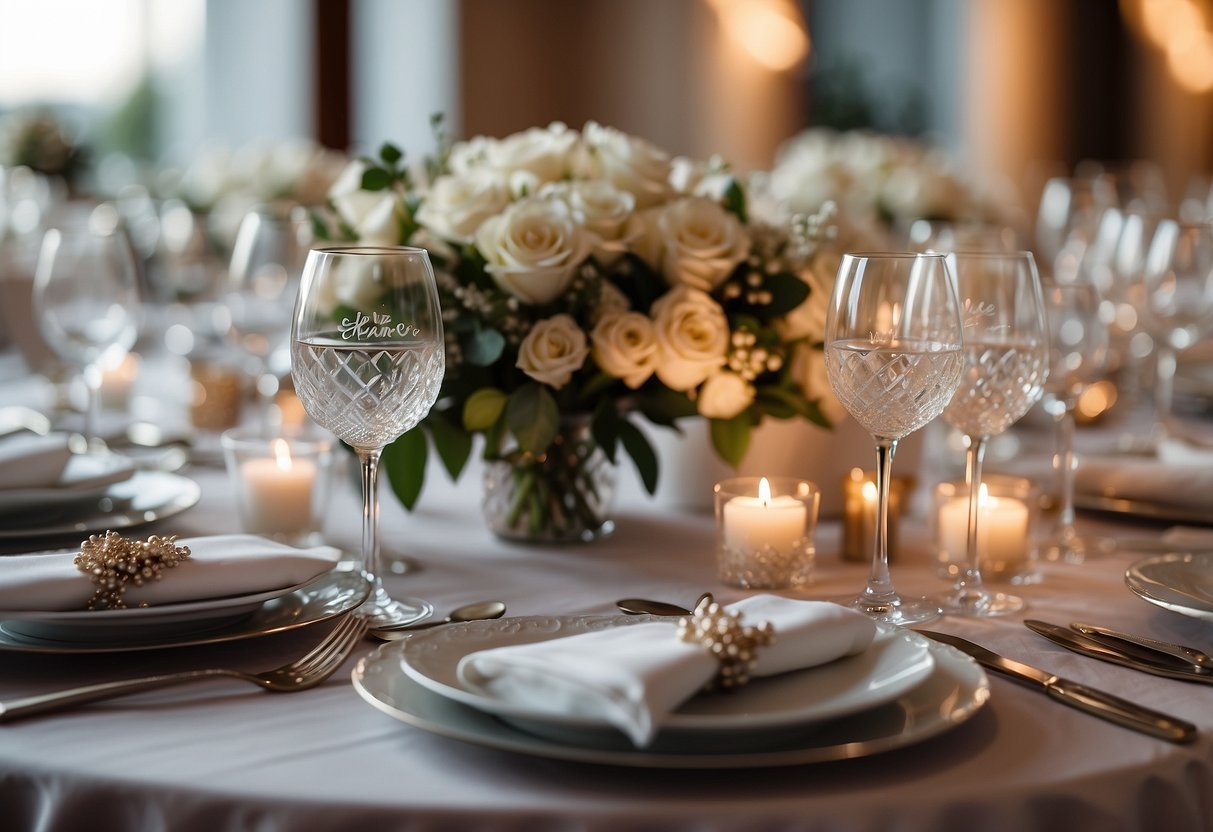 A table with personalized wedding favors for 50 guests. Small, elegant setup with custom gifts and decorations