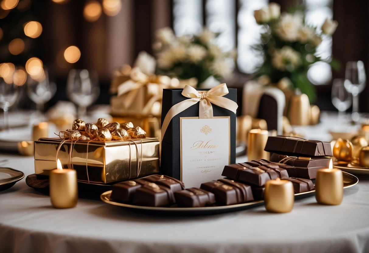 A table adorned with elegant wedding welcome bags filled with luxurious chocolates