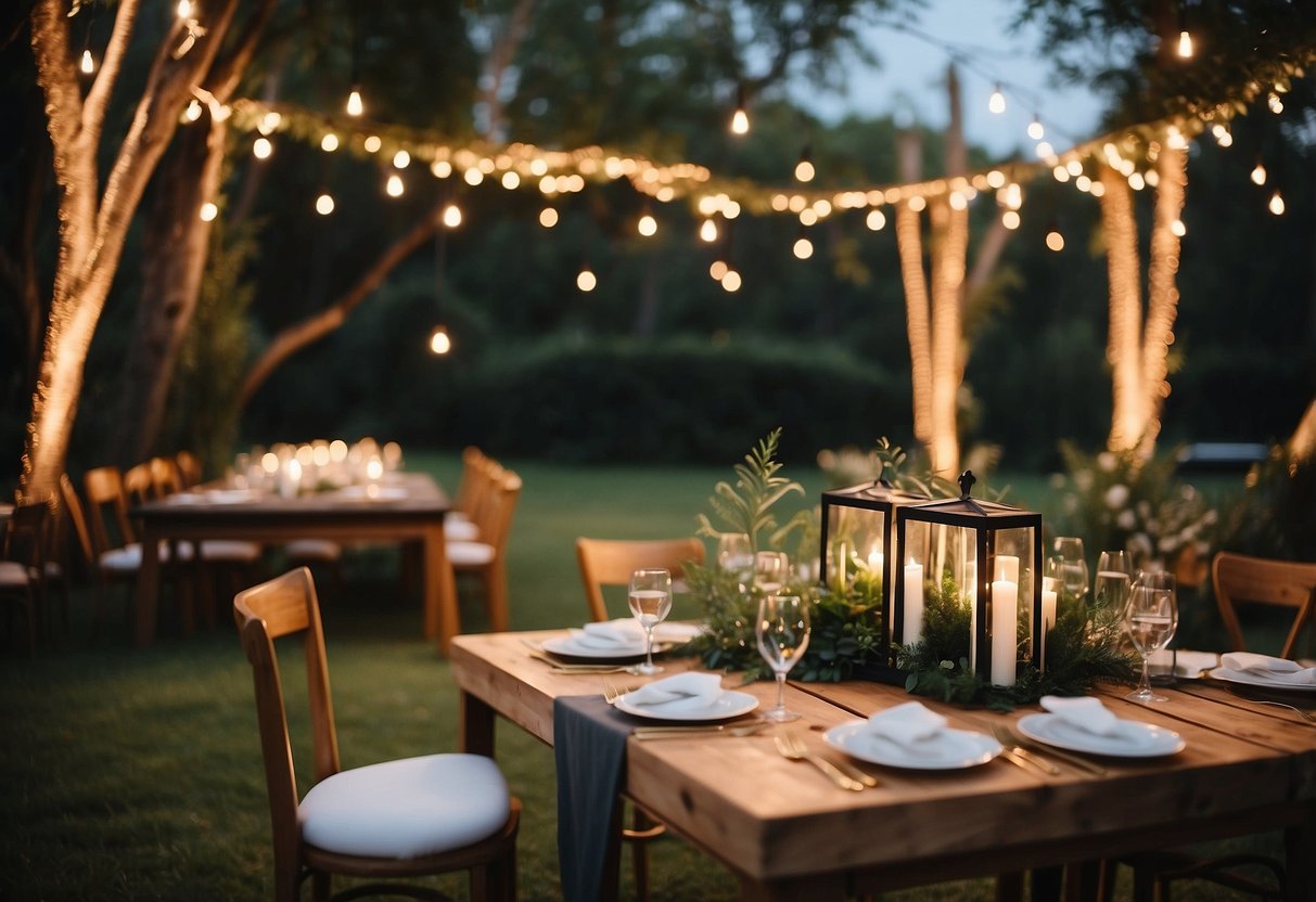 A cozy outdoor wedding with a Polaroid photo booth, surrounded by twinkling lights and greenery, perfect for 50 guests