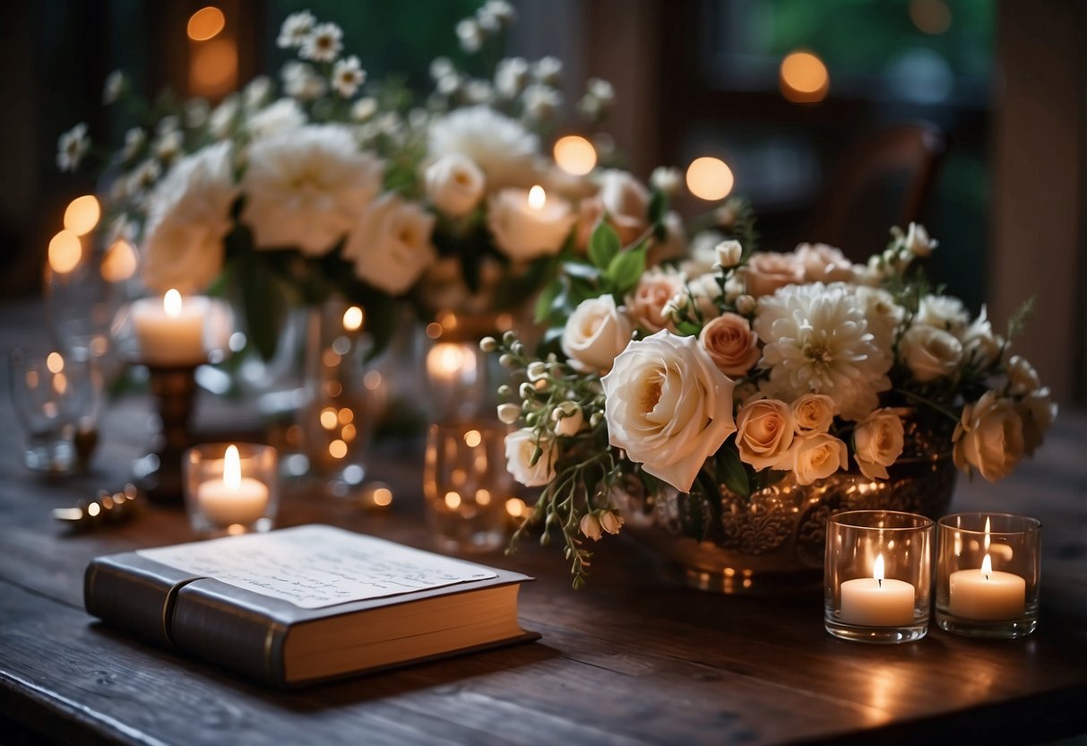 A beautifully decorated table with a small guestbook and pen, surrounded by elegant floral arrangements and twinkling candlelight