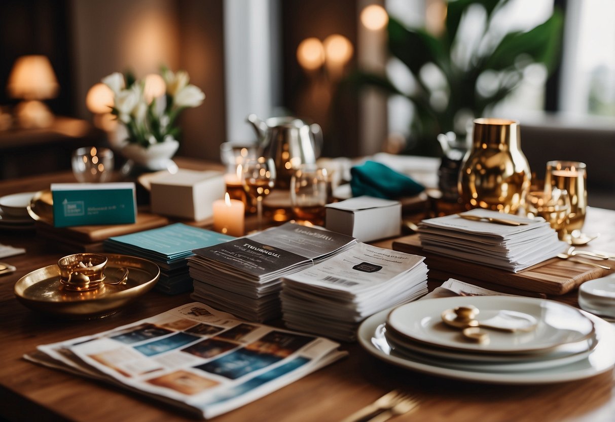 A table overflowing with luxurious home goods, travel vouchers, and charitable donation options, surrounded by beaming friends and family