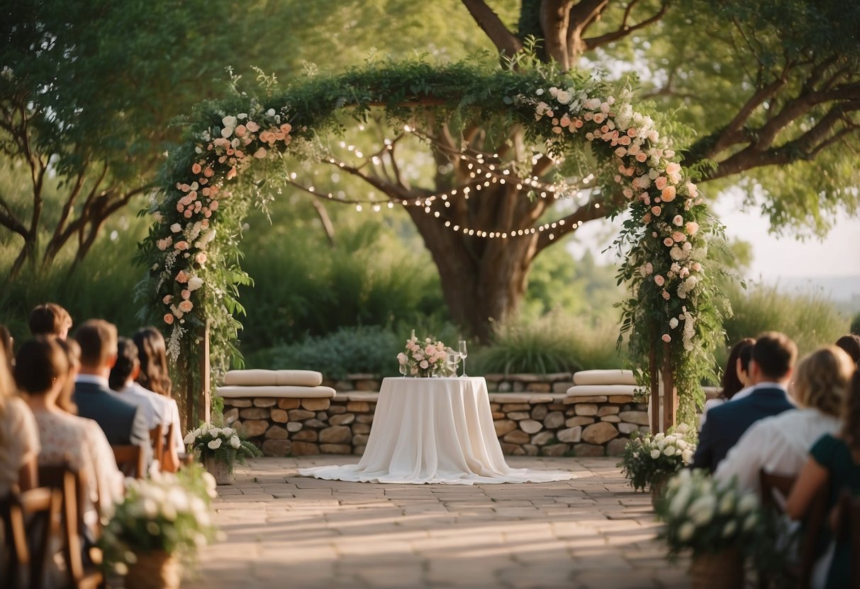 A picturesque outdoor ceremony with a rustic arch, surrounded by lush greenery and blooming flowers. A cozy reception area with string lights and elegant table settings for an intimate celebration