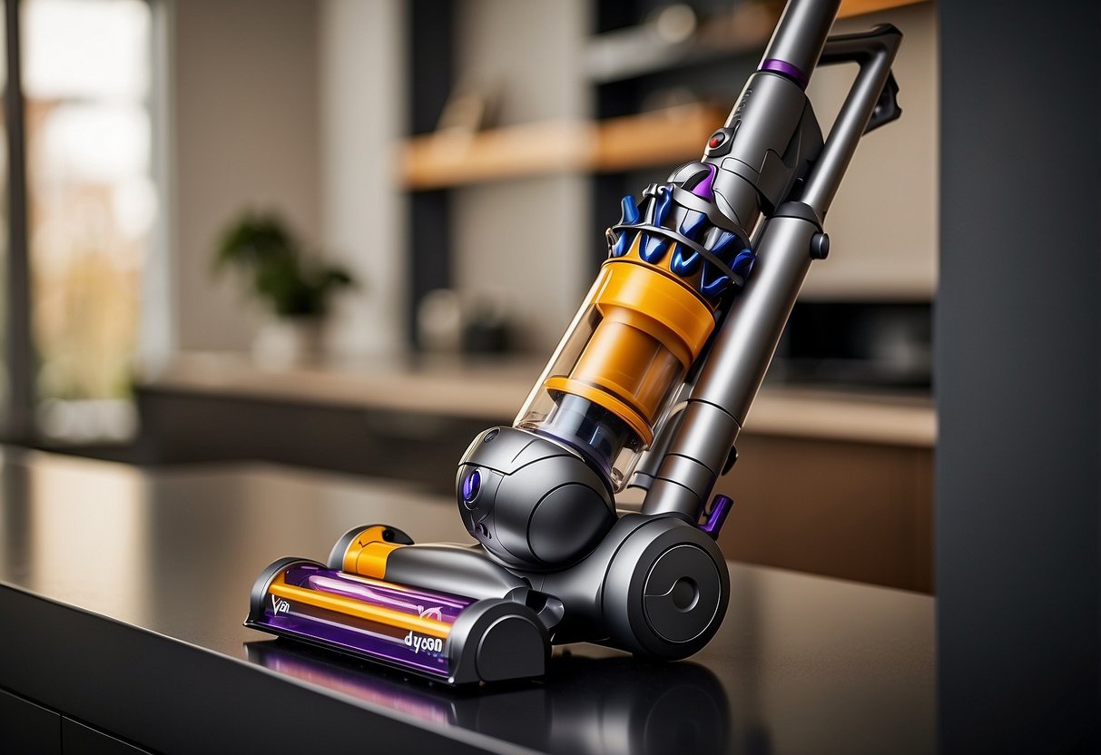 The Dyson V8 Absolute Vacuum Cleaner sitting on a sleek, modern shelf surrounded by luxurious home decor and high-end appliances