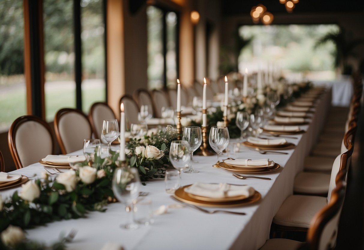 A single long table set for 50 guests at an intimate wedding, adorned with simple yet elegant decor and place settings