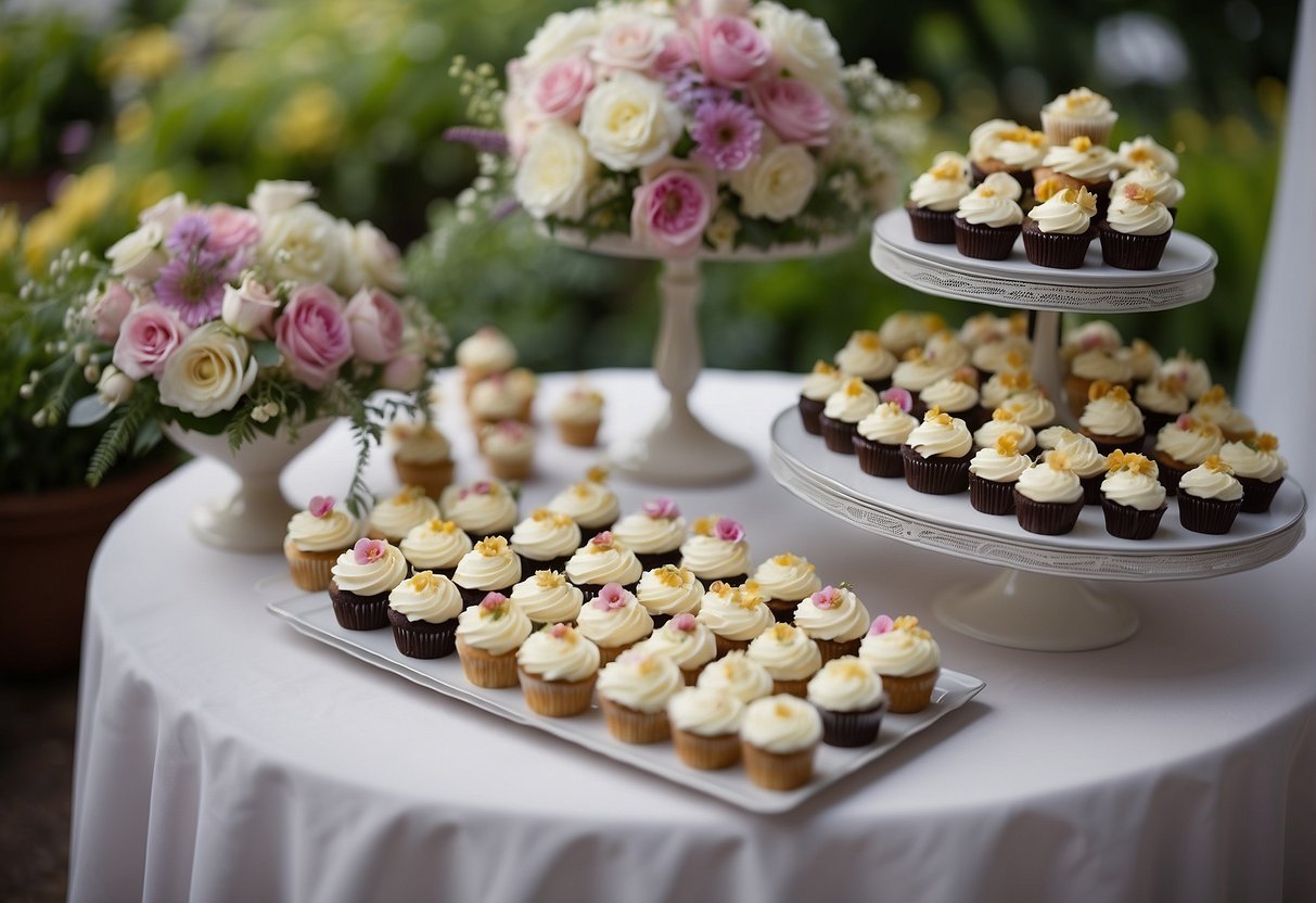 A table adorned with a variety of beautifully decorated wedding cupcakes, arranged on tiered stands and surrounded by delicate floral arrangements