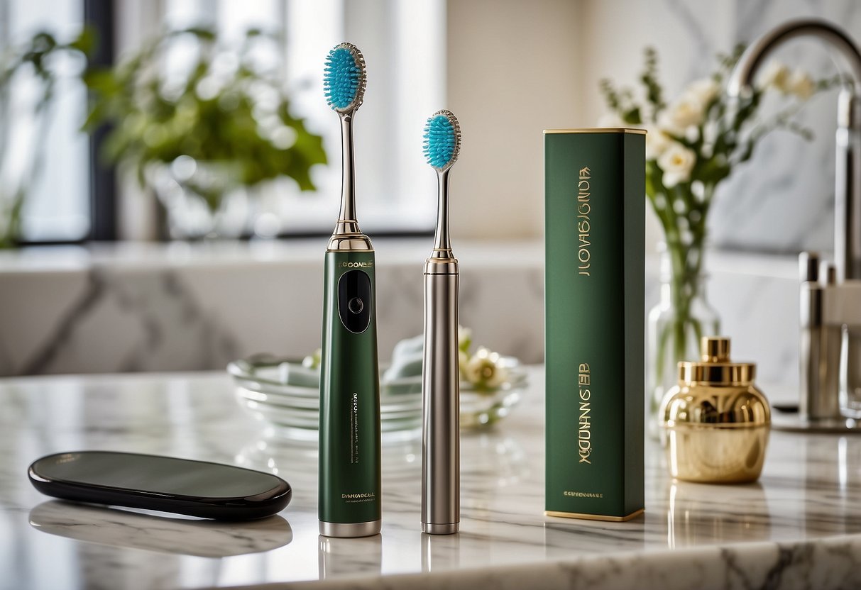 A sleek Sonicare DiamondClean toothbrush sits on a luxurious marble countertop, surrounded by elegant wedding registry items, symbolizing the modern couple who has everything