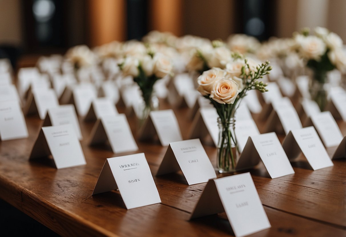 Small, elegant place cards arranged on a rustic table for an intimate wedding of 50 guests