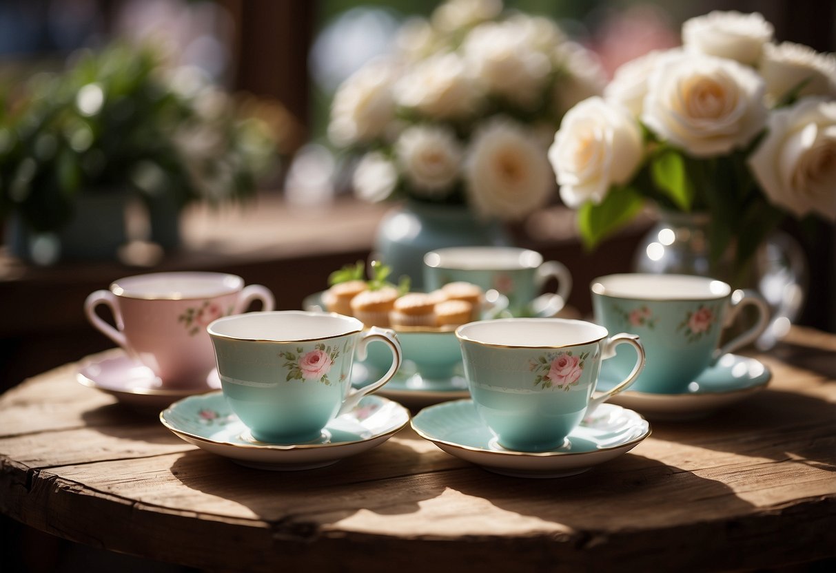 A display of vintage tea cups arranged on a rustic wooden table with delicate wedding cupcakes nestled inside each cup