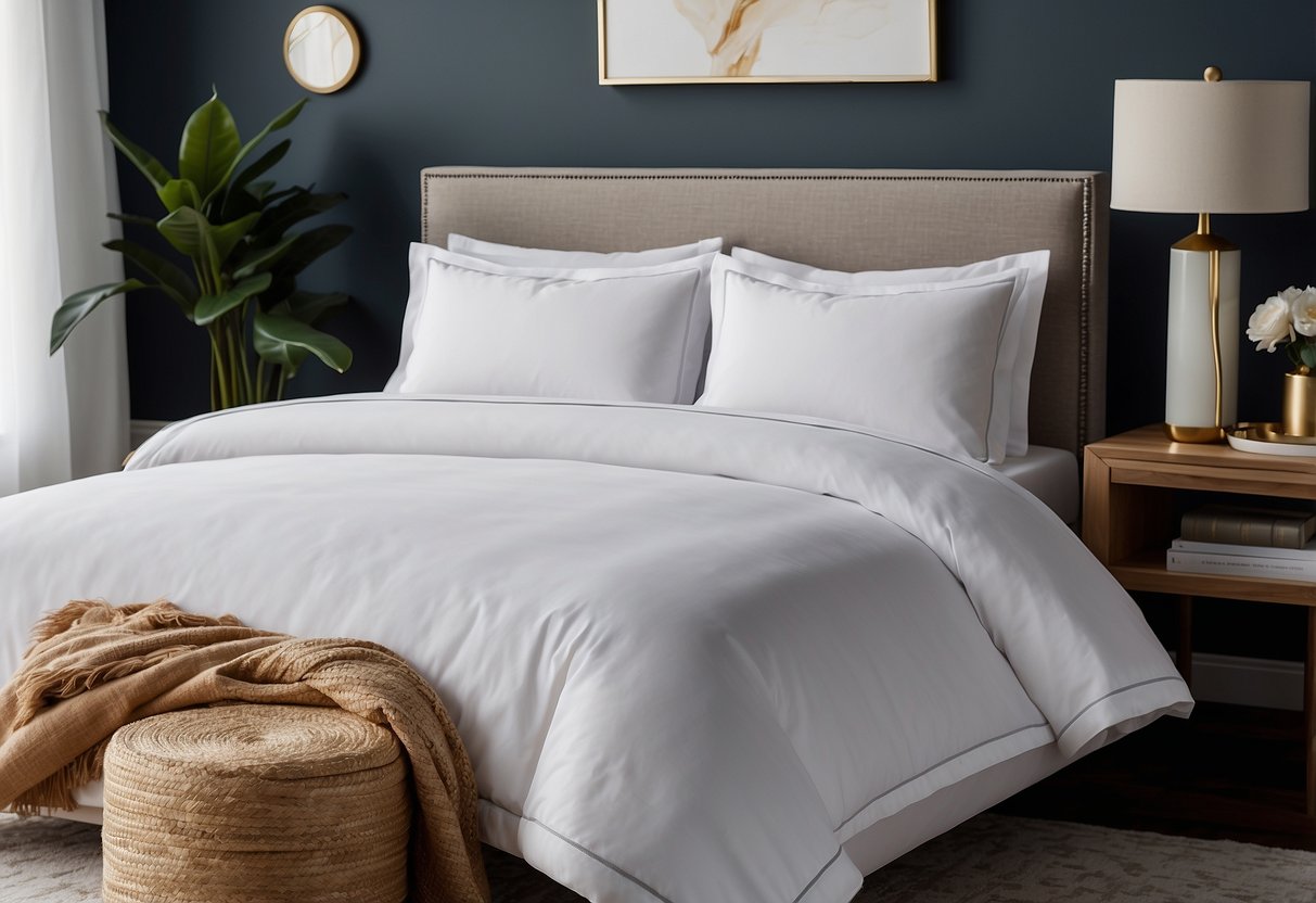 A beautifully made bed with luxurious Brooklinen Luxe Core Sheet Set, surrounded by elegant home decor and wedding registry items