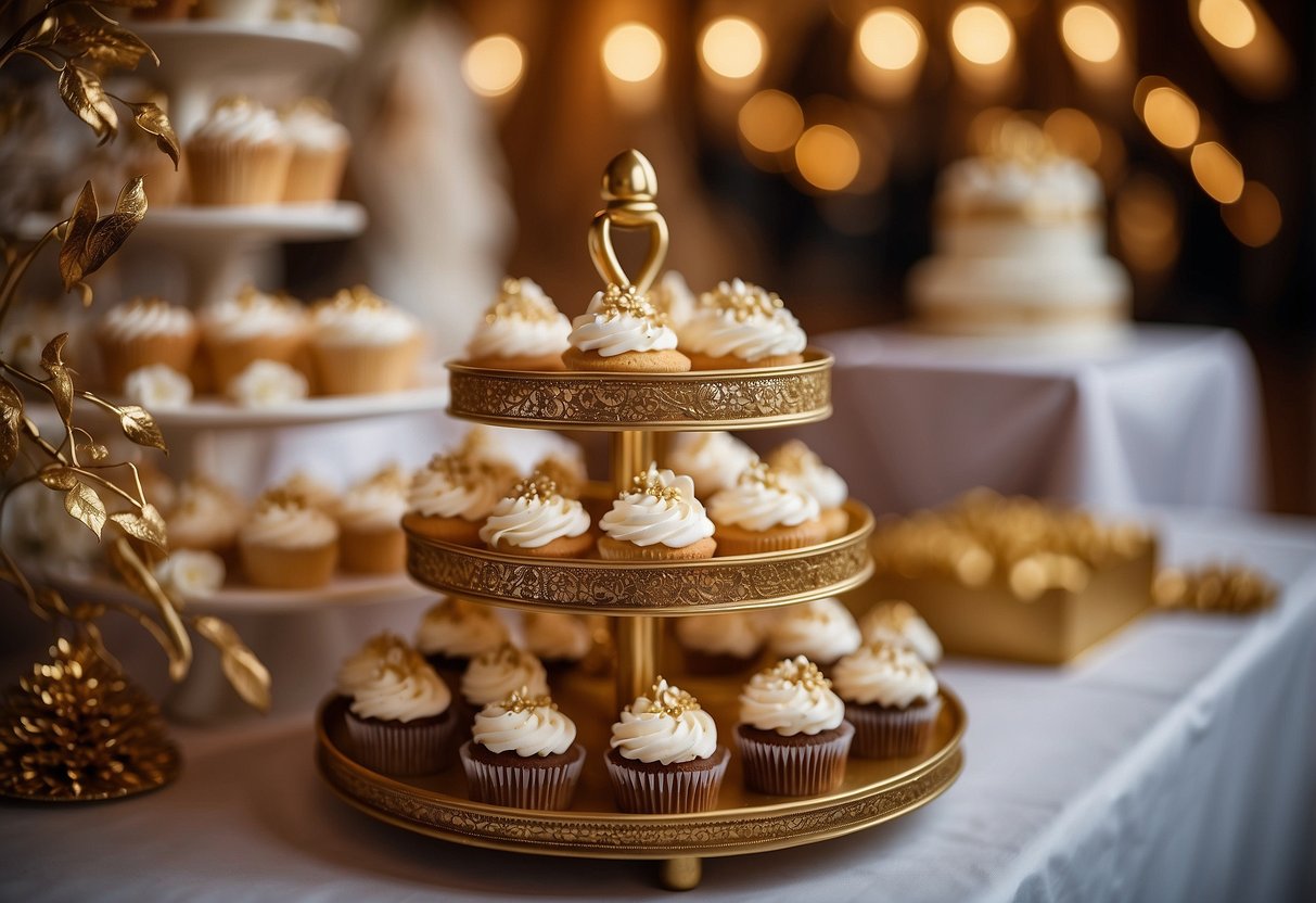 A tiered tray adorned with ornate gold designs holds a display of elegant wedding cupcakes