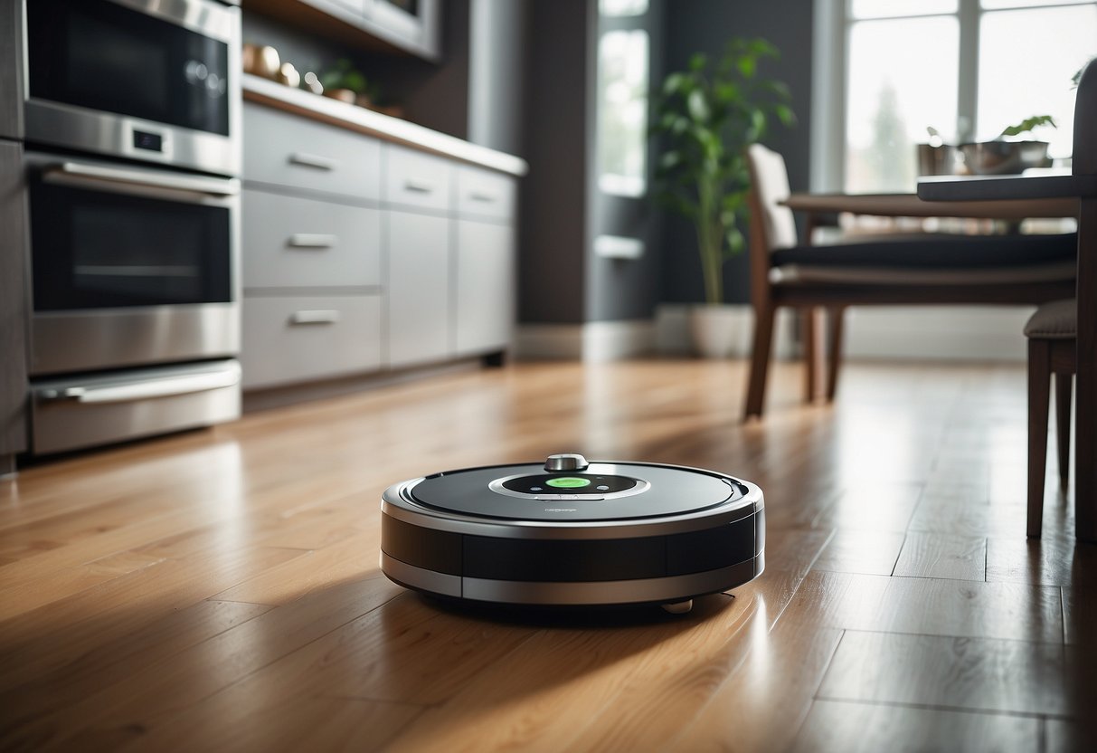 A iRobot Roomba 960 sits on a sleek, modern kitchen floor surrounded by high-end appliances and luxury home decor items