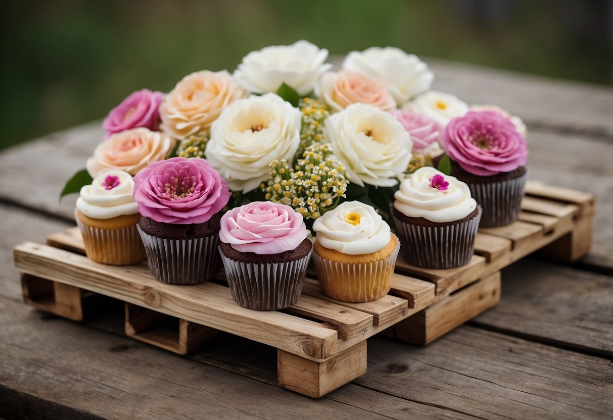 A rustic wooden pallet adorned with delicate lace and fresh flowers, showcasing a beautiful arrangement of wedding cupcakes in various sizes and flavors