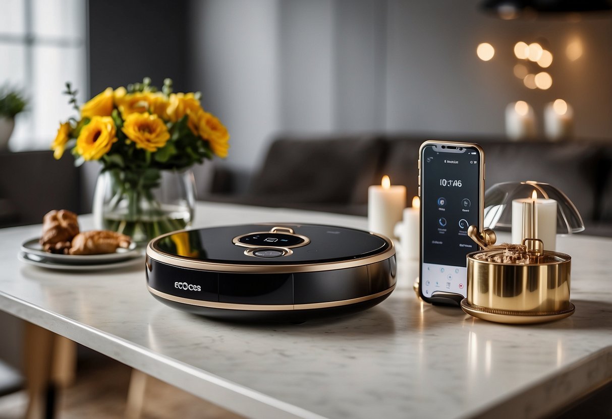 The Ecovacs Deebot N79S sits among a variety of wedding registry items, surrounded by luxurious home goods and high-tech gadgets