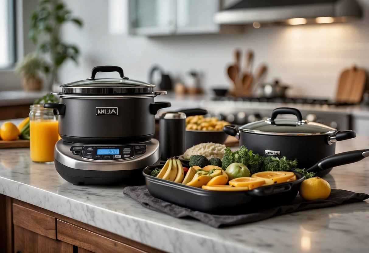 A kitchen counter with Ninja Foodi 9-in-1 surrounded by various kitchen utensils and cookware, with a wedding registry list in the background