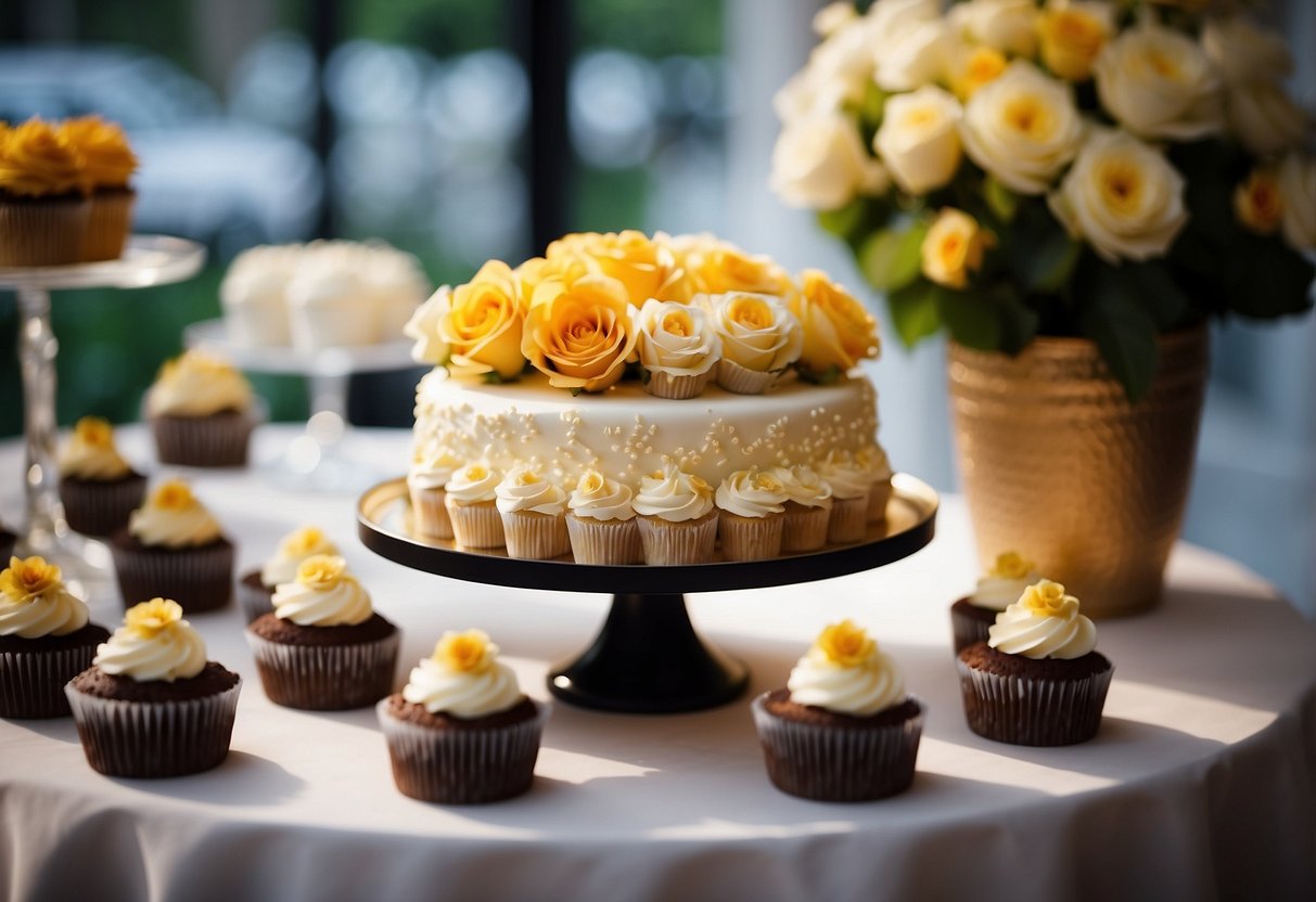 A floral centerpiece adorns a cake plate surrounded by wedding cupcake display ideas