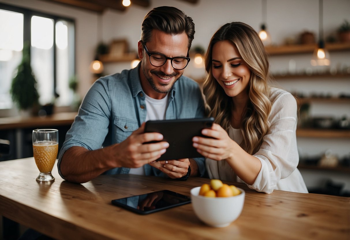 A couple browsing through a tablet, selecting unique experiences like cooking classes, wine tastings, and adventure trips for their personalized wedding registry