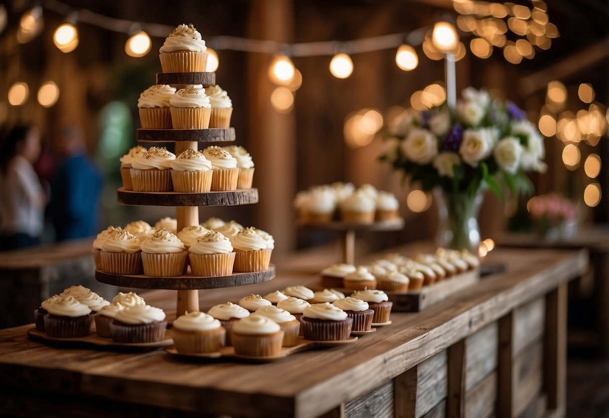 A wooden barrel tiered display holds wedding cupcakes in a rustic setting. Twinkling lights and floral accents add to the charming ambiance