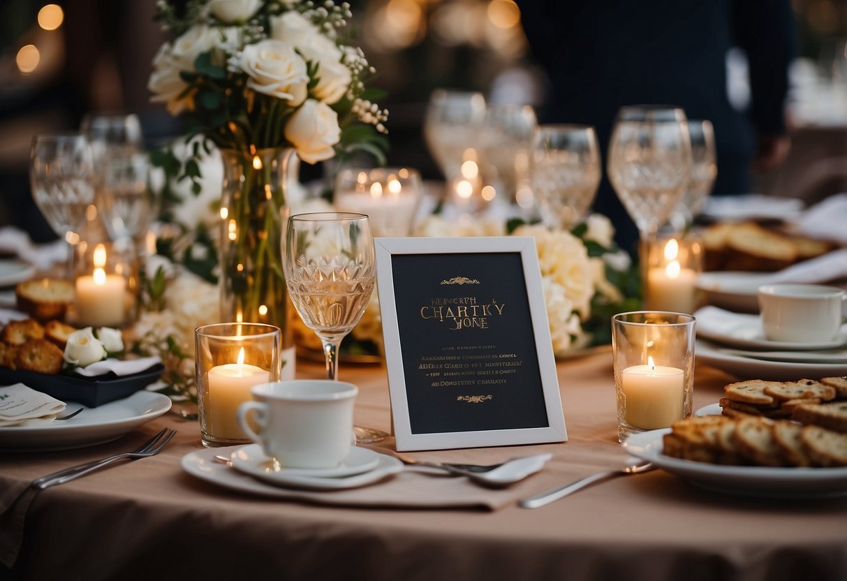 A table with various wedding registry items, including charity donation options, surrounded by happy guests at a wedding reception