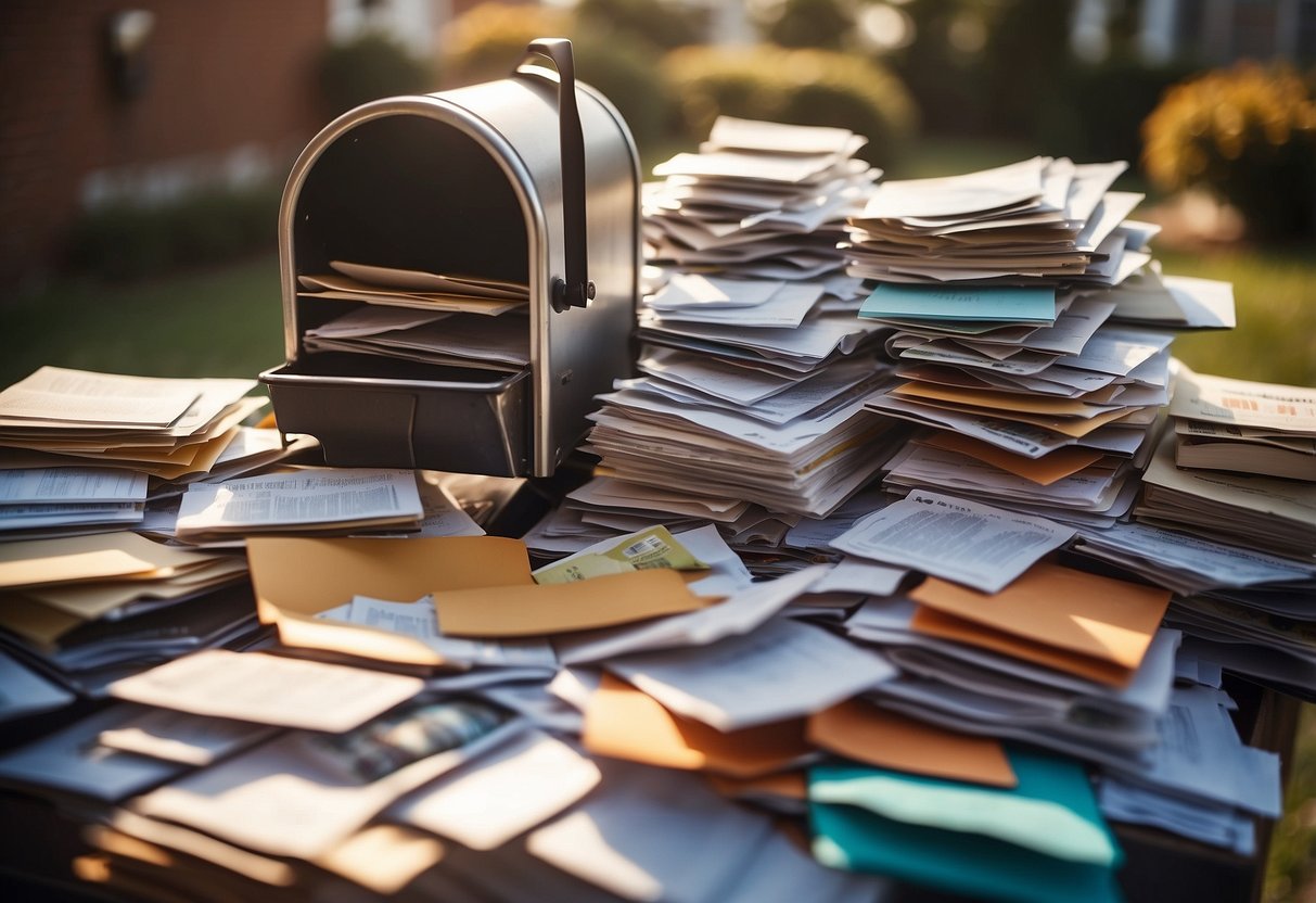 A crowded mailbox overflowing with wedding registry catalogs and subscription offers, surrounded by piles of already-owned household items