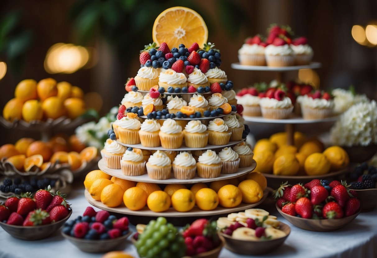 A colorful array of fresh fruits arranged around a tiered display of wedding cupcakes, with vibrant berries, slices of citrus, and delicate edible flowers