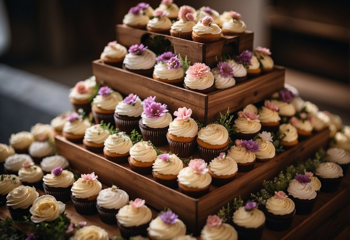 A wooden box filled with personalized wedding cupcakes, beautifully arranged on tiers, adorned with delicate floral decorations