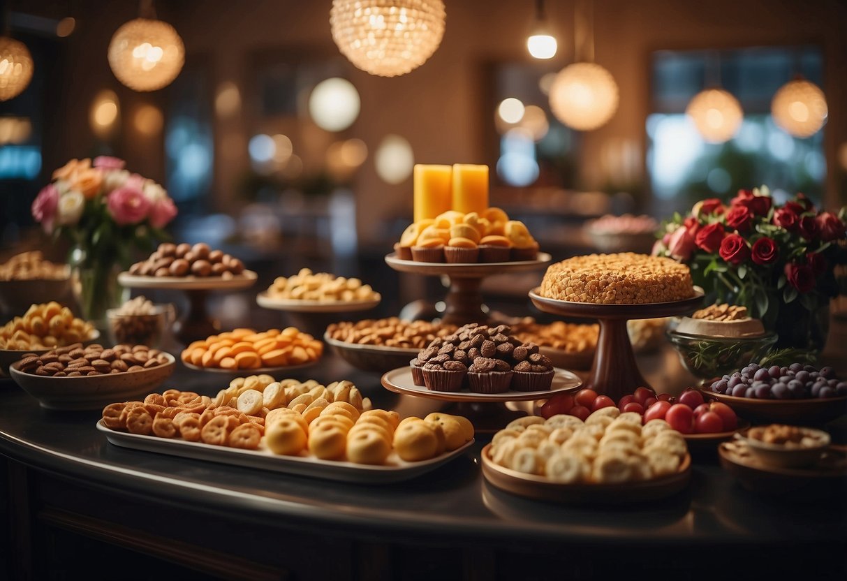 Colorful snack bar with assorted treats and finger foods displayed on elegant trays. Soft lighting and floral arrangements add to the romantic atmosphere