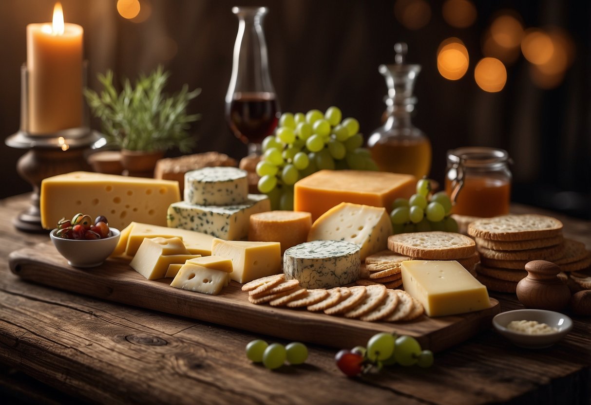 A beautifully arranged cheese and cracker station with a variety of cheeses, crackers, and garnishes displayed on a rustic wooden table