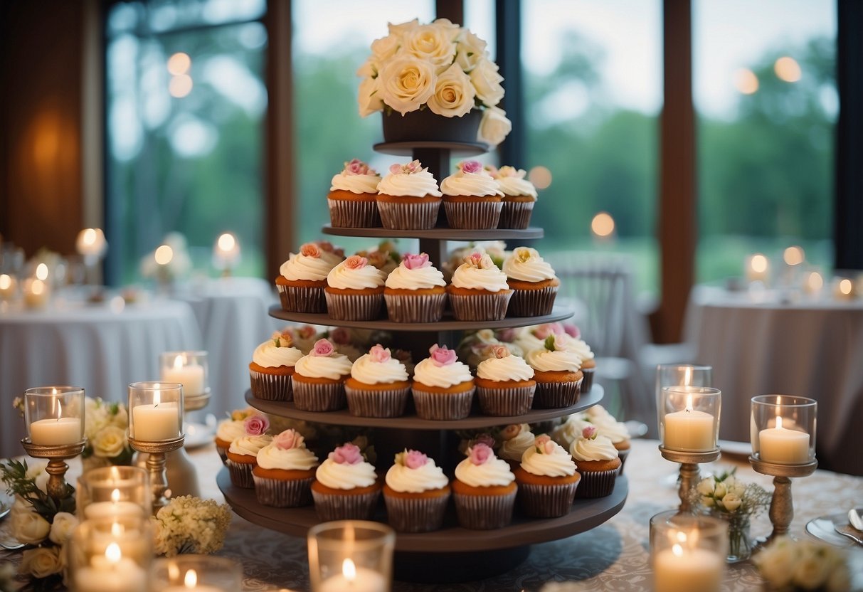 A table adorned with tiered trays of beautifully decorated wedding cupcakes, accented with fresh flowers and personalized toppers