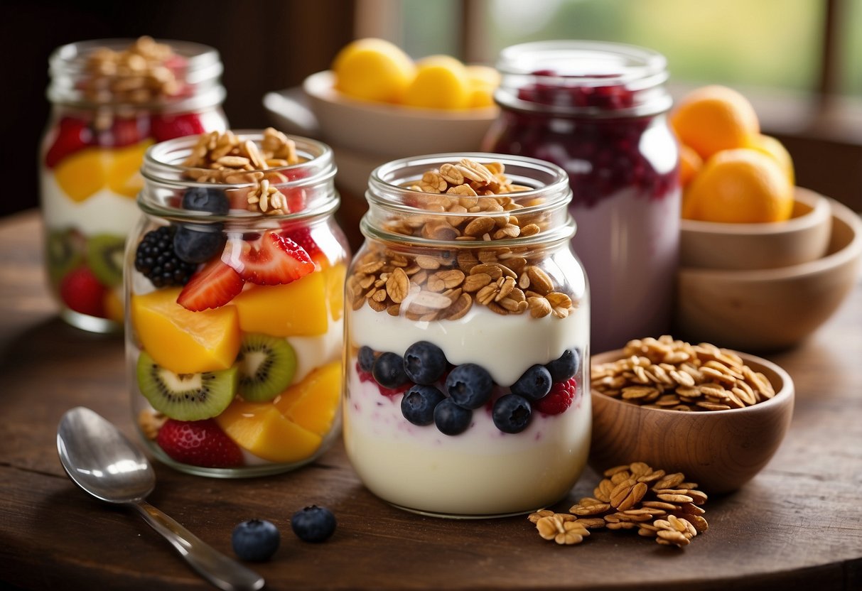 A colorful array of fresh fruits and creamy yogurt layers in glass jars, arranged on a rustic wooden table with decorative toppings like granola and honey